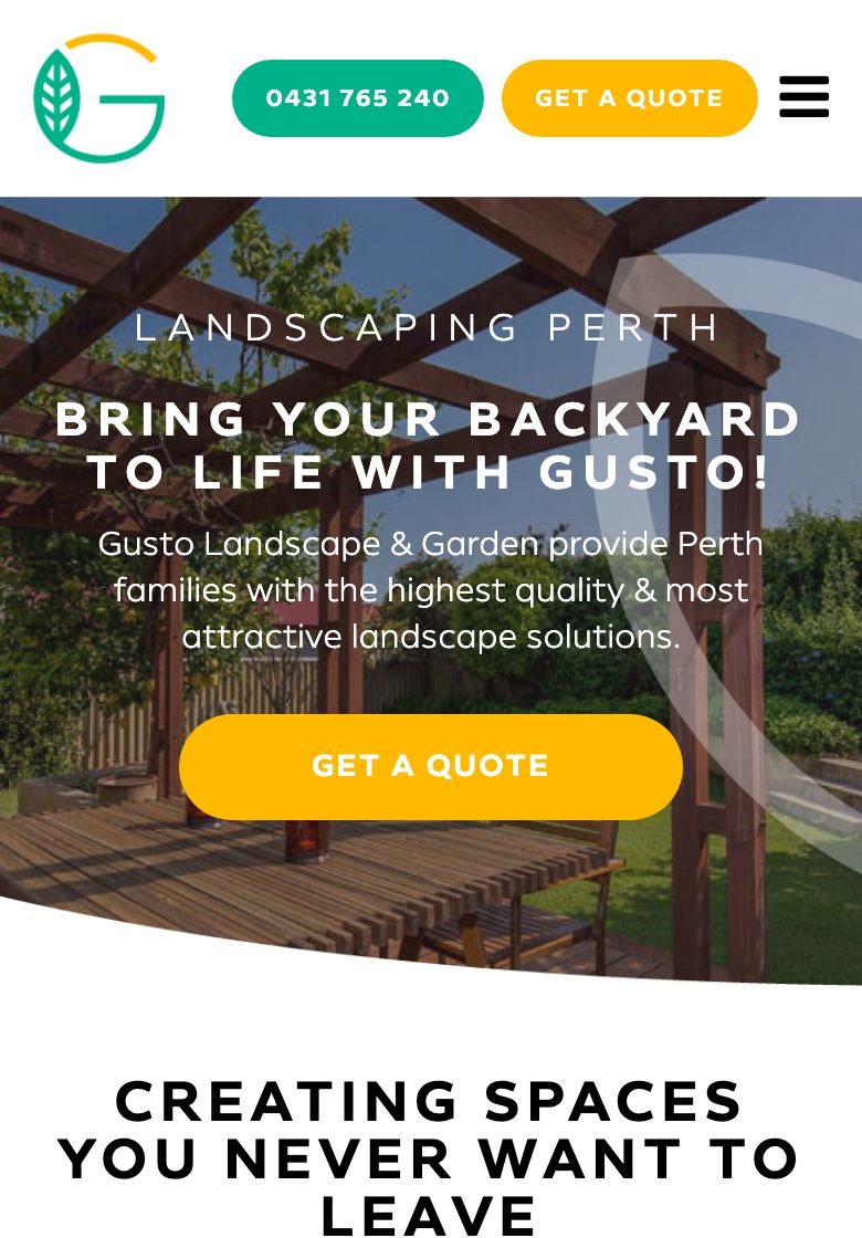 The top of the Gusto Landscape & Garden homepage on a phone