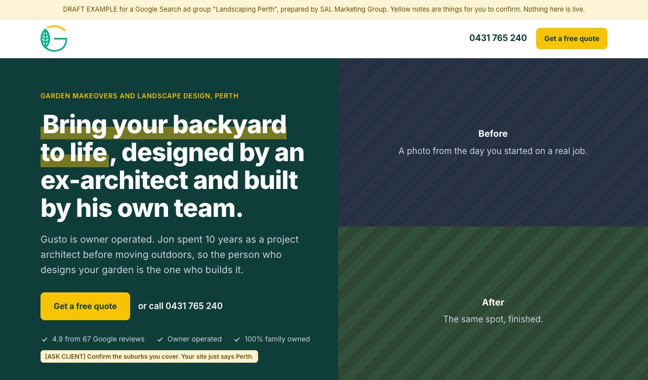 Preview of the Landscaping Perth landing page